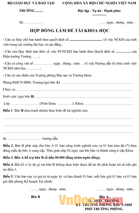 Mẫu hợp đồng làm đề tài Khoa Học