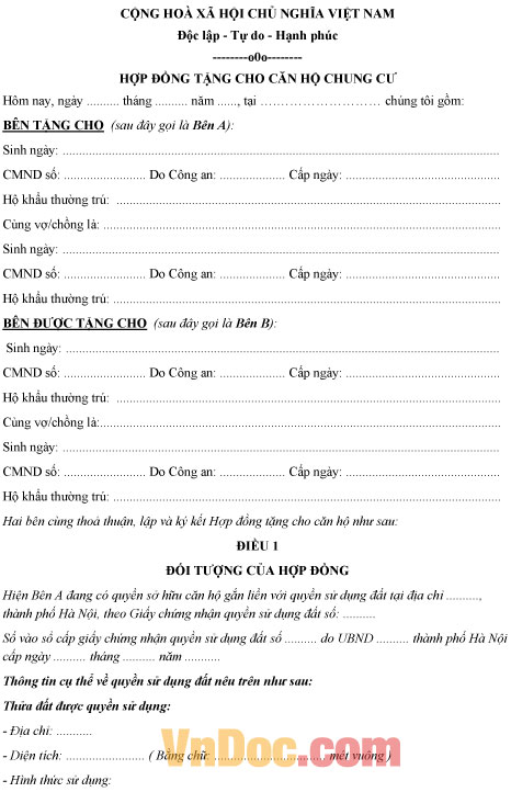 Mẫu hợp đồng tặng cho căn hộ chung cư