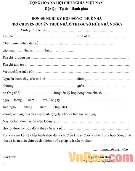 Mẫu đơn đề nghị ký hợp đồng thuê nhà