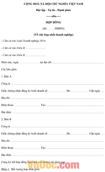 Mẫu hợp đồng hợp nhất doanh nghiệp