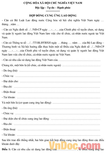 Mẫu hợp đồng cung ứng lao động