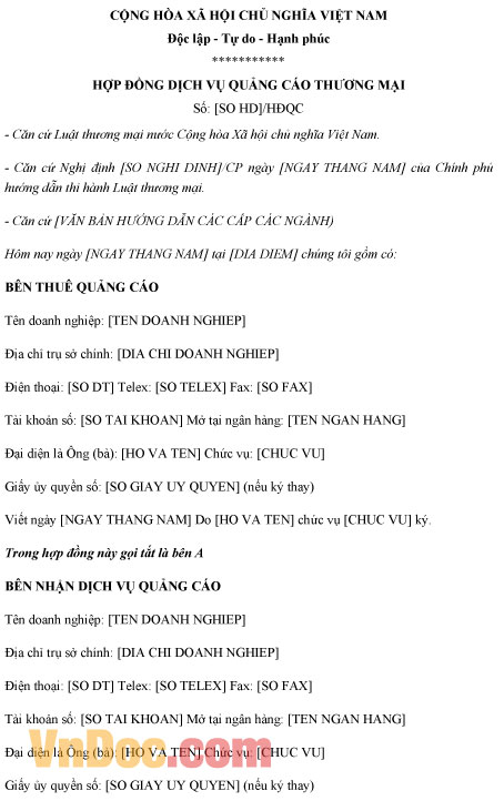 Mẫu hợp đồng dịch vụ quảng cáo thương mại