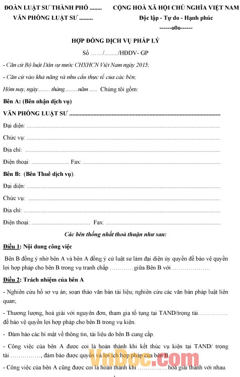 Mẫu hợp đồng dịch vụ pháp lý