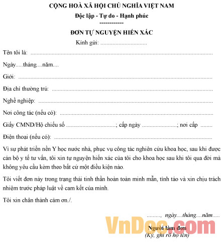 Mẫu đơn tự nguyện hiến xác