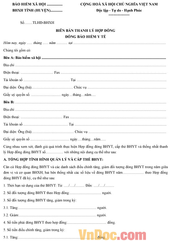 Mẫu biên bản thanh lý hợp đồng Bảo hiểm y tế