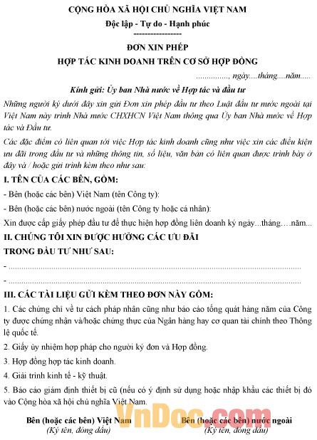 Mẫu đơn xin phép hợp tác kinh doanh trên cơ sở hợp đồng