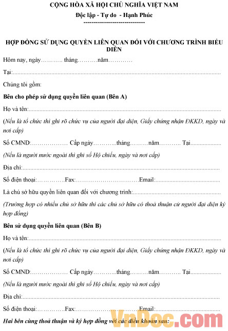 Mẫu hợp đồng sử dụng quyền liên quan đối với chương trình biểu diễn