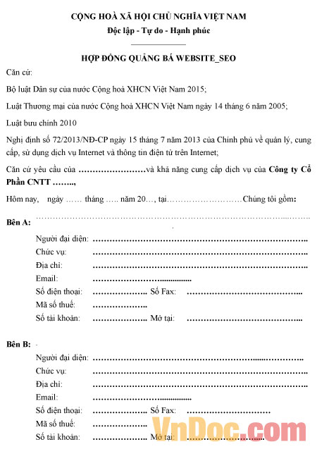 Mẫu hợp đồng quảng bá Website (seo)