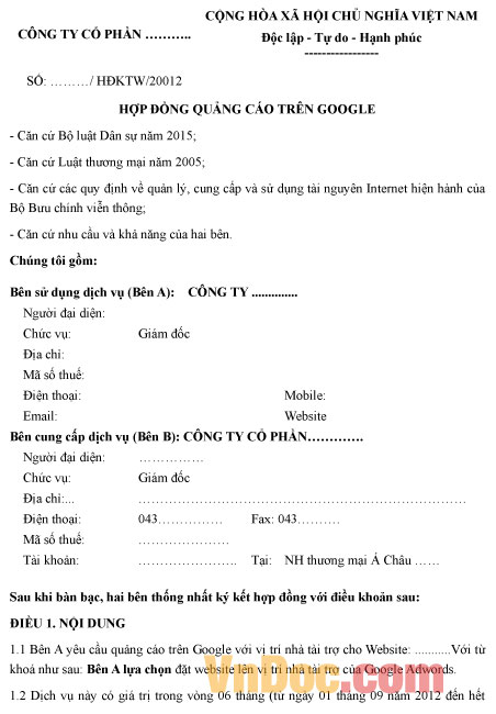 Mẫu hợp đồng quảng cáo trên google