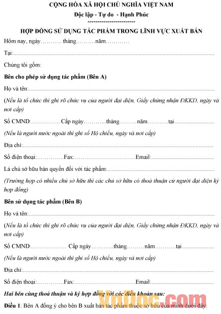 Mẫu hợp đồng sử dụng tác phẩm trong lĩnh vực xuất bản