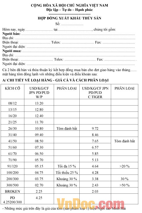Mẫu hợp đồng xuất khẩu thủy sản