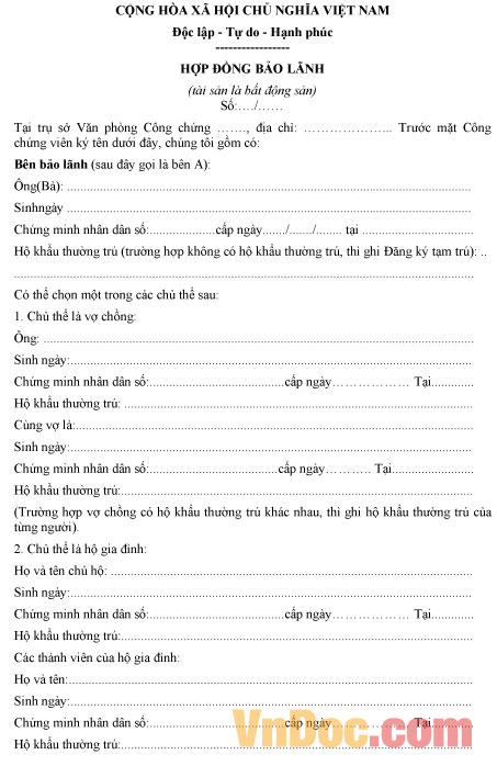 Mẫu hợp đồng bảo lãnh tài sản là bất động sản