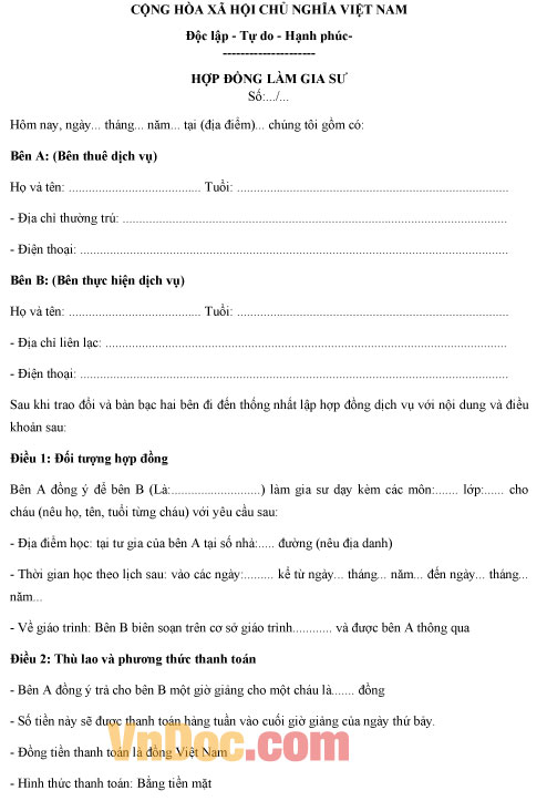 Mẫu hợp đồng gia sư