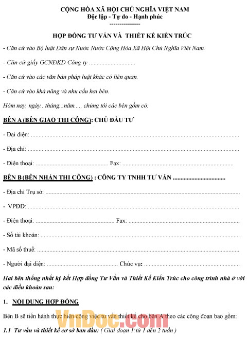 Mẫu hợp đồng tư vấn và thiết kế kiến trúc