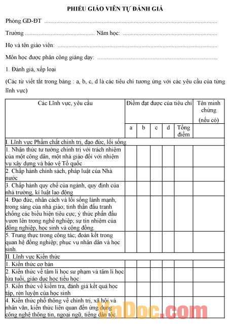 Mẫu phiếu đánh giá chuẩn nghề nghiệp giáo viên tiểu học