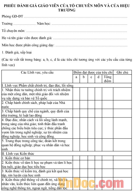 Mẫu phiếu đánh giá giáo viên của tổ chuyên môn và Hiệu trưởng