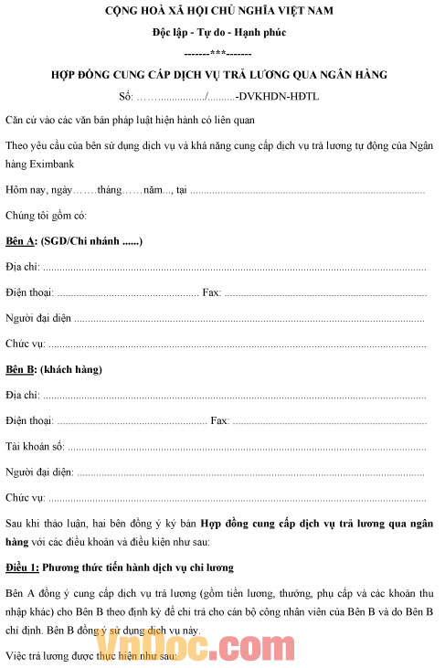 Mẫu hợp đồng cung cấp dịch vụ trả lương qua ngân hàng
