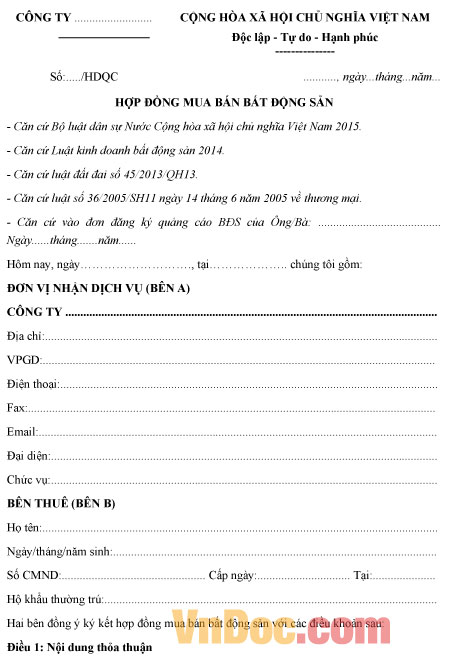 Mẫu hợp đồng mua bán bất động sản