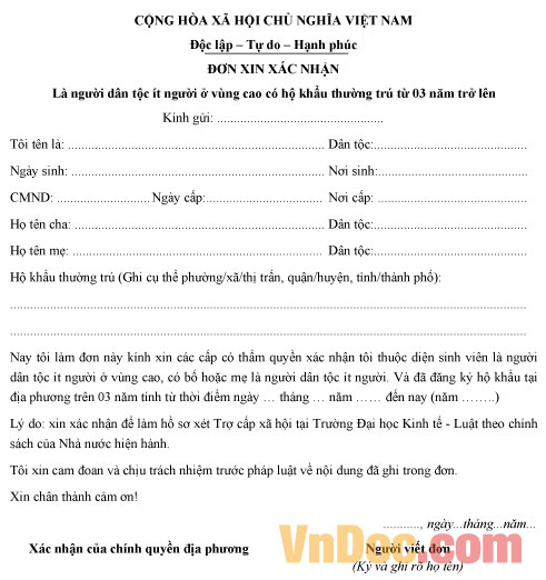 Mẫu đơn xin xác nhận là người dân tộc ít người ở vùng cao