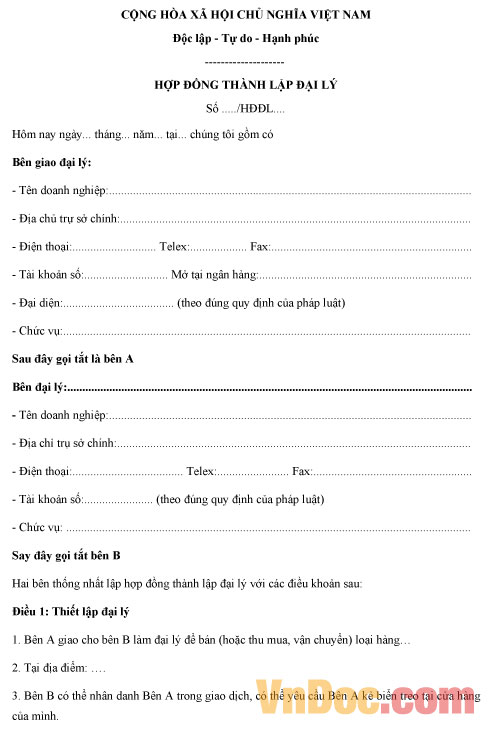 Mẫu hợp đồng thành lập đại lý