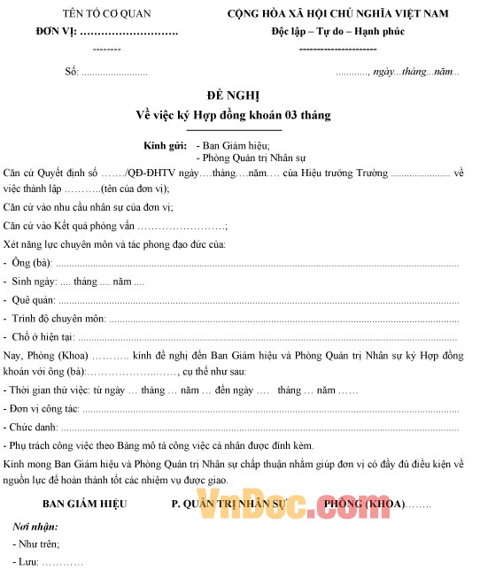 Mẫu đơn đề nghị ký hợp đồng khoán 3 tháng