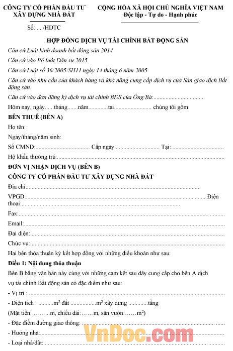 Mẫu hợp đồng dịch vụ tài chính bất động sản mới nhất