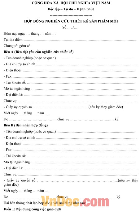 Mẫu hợp đồng nghiên cứu thiết kế sản phẩm mới