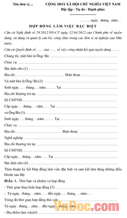 Mẫu hợp đồng làm việc đặc biệt