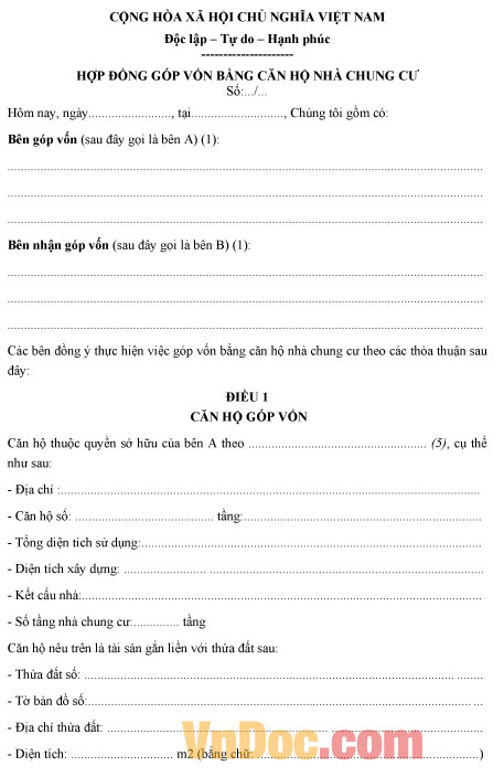 Mẫu hợp đồng góp vốn bằng căn hộ nhà chung cư