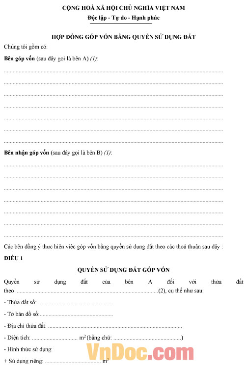 Mẫu hợp đồng góp vốn bằng quyền sử dụng đất