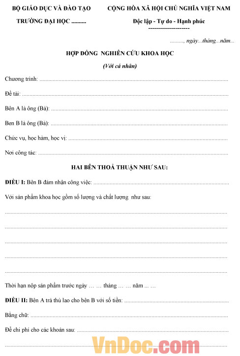 Mẫu hợp đồng nghiên cứu khoa học