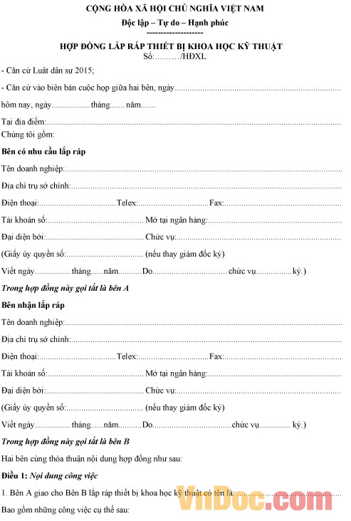 Mẫu hợp đồng lắp ráp thiết bị khoa học kỹ thuật
