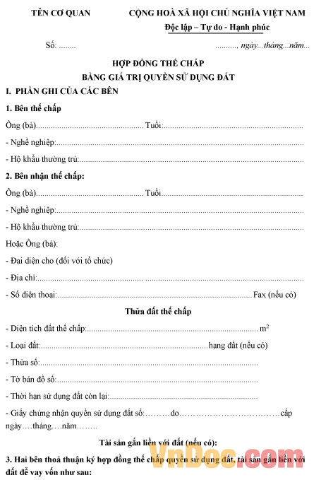 Mẫu hợp đồng thế chấp bằng giá trị quyền sử dụng đất