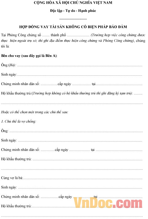 Mẫu hợp đồng vay tài sản không có biện pháp bảo đảm