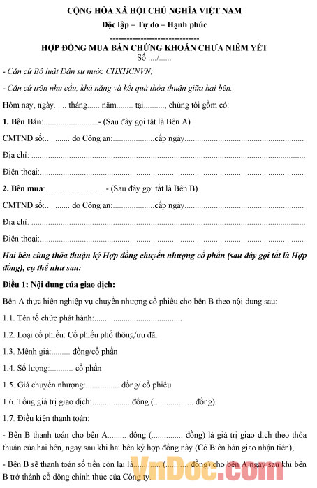Mẫu hợp đồng mua bán chứng khoán chưa niêm yết