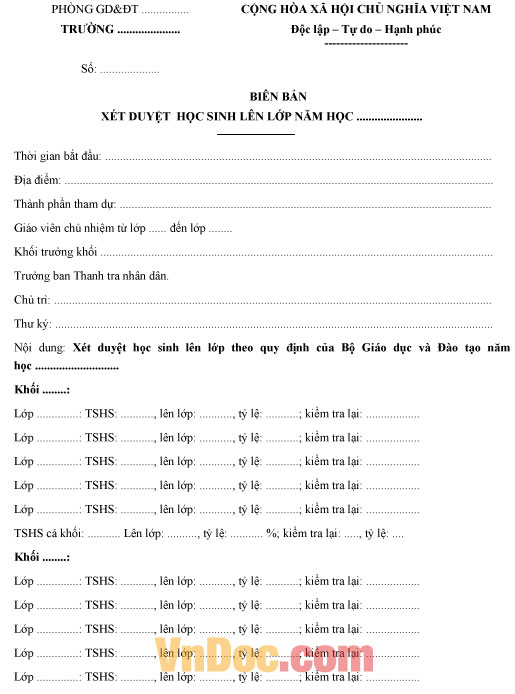 Mẫu biên bản xét duyệt học sinh lên lớp cuối năm