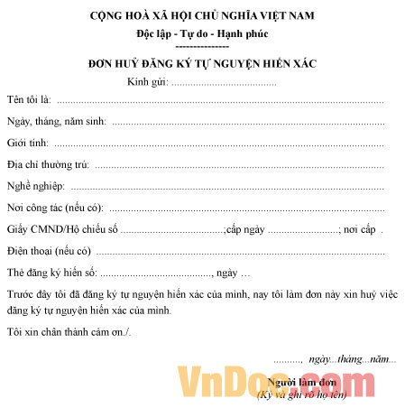 Mẫu đơn hủy đăng ký hiến xác cho khoa học