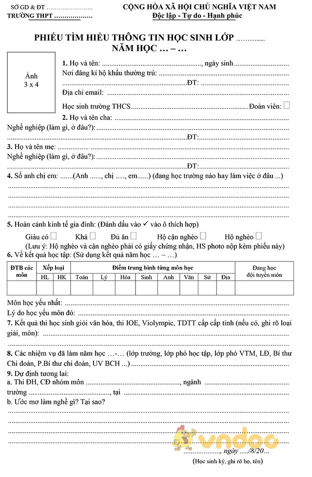 Phiếu tìm hiểu thông tin học sinh lớp 11, 12 năm 2017-2018