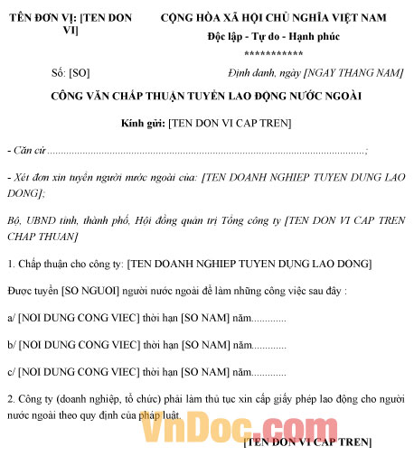 Mẫu công văn chấp thuận tuyển lao động nước ngoài