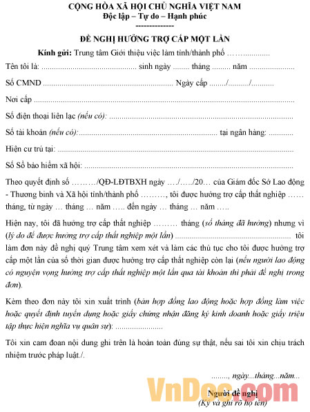 Mẫu đơn đề nghị hưởng trợ cấp một lần