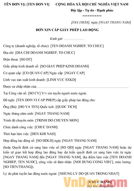 Mẫu đơn xin cấp giấy phép lao động