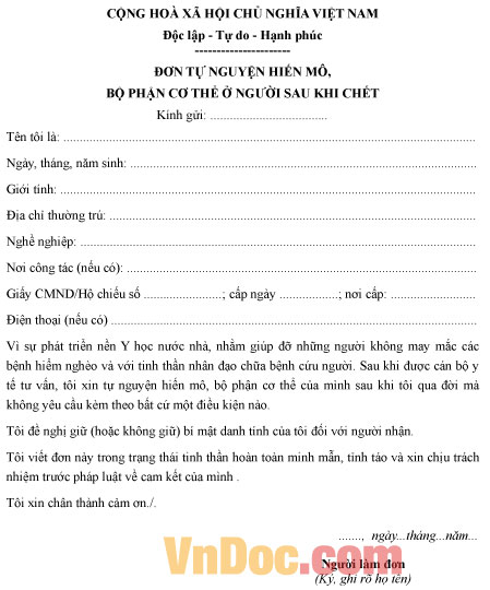 Mẫu đơn xin tự nguyện hiến mô, bộ phận cơ thể ở người sau khi chết cho khoa học