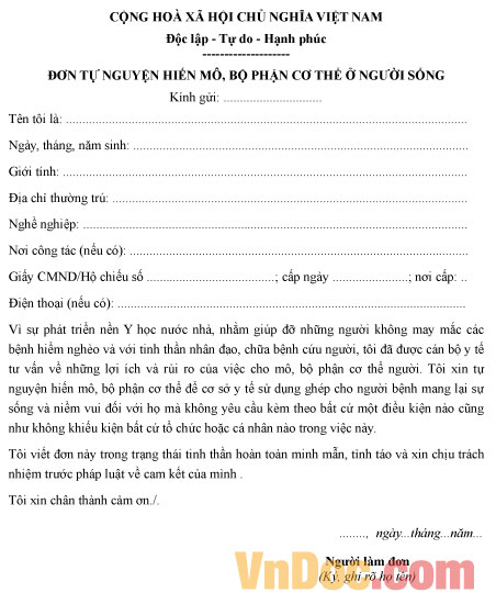 Mẫu đơn tự nguyện hiến mô, bộ phận cơ thể ở người sống