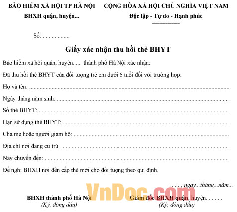 Mẫu xác nhận thu hồi thẻ BHYT