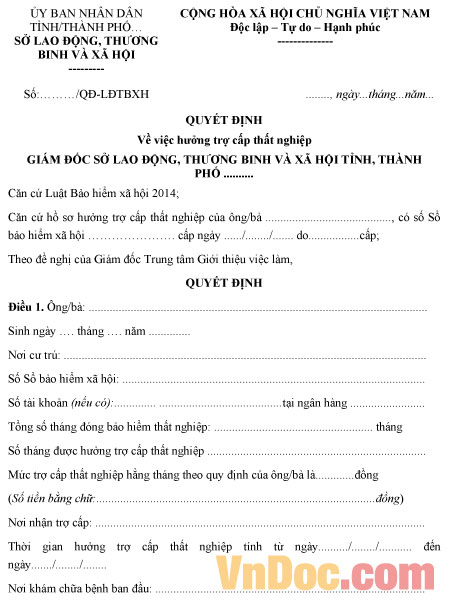 Mẫu quyết định về việc hưởng trợ cấp thất nghiệp