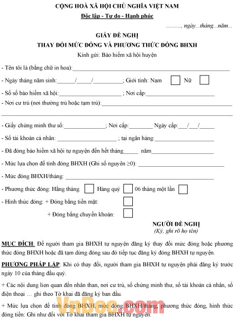 Mẫu giấy đề nghị thay đổi mức đóng và phương thức đóng BHXH