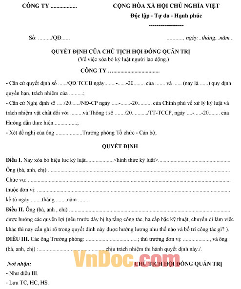 Mẫu quyết định xóa bỏ kỷ luật