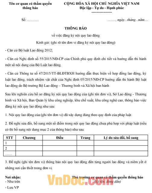 Mẫu thông báo về việc đăng ký nội quy lao động