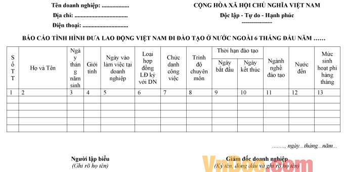 Mẫu báo cáo tình hình đưa lao động Việt Nam đi đào tạo ở nước ngoài