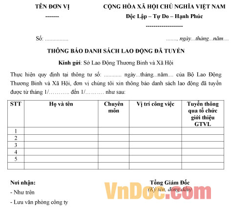 Mẫu thông báo danh sách lao động đã tuyển